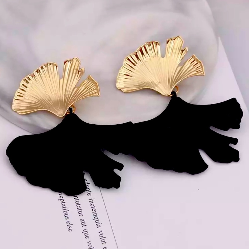 Bohemian Geometric Black Color Ginkgo biloba Leaf Shape Drop Earrings